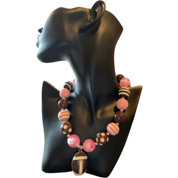 Chunky Beaded Pink & Brown Necklace With Football Pendant - Picture 3 of 5